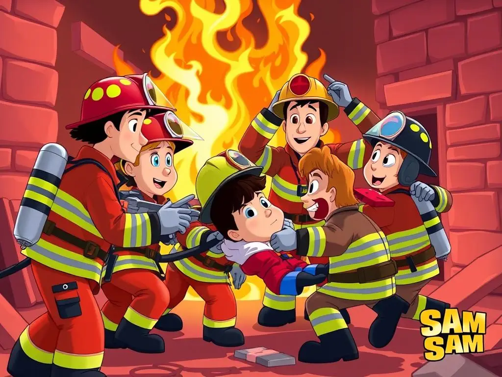 Strażak Sam i jego ekipa współpracująca podczas akcji ratunkowej