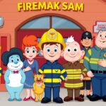 Strażak Sam postacie - główni bohaterowie serialu stojący przed remizą strażacką w Pontypandy