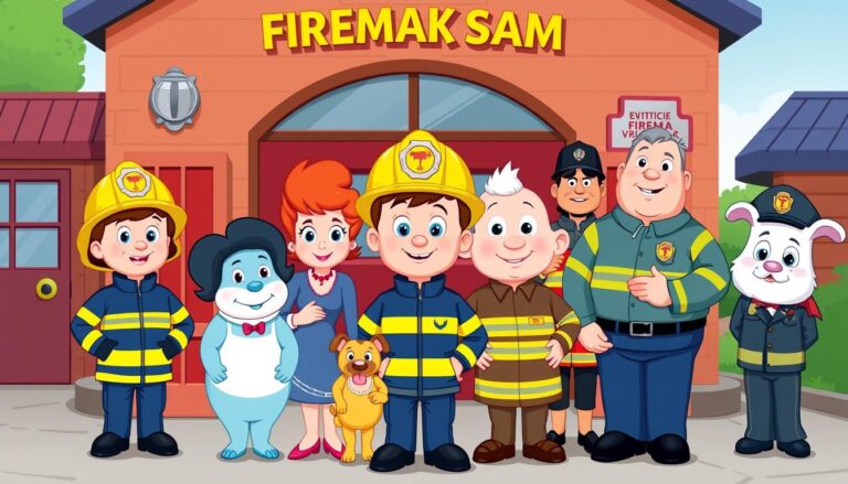 Strażak Sam postacie - główni bohaterowie serialu stojący przed remizą strażacką w Pontypandy