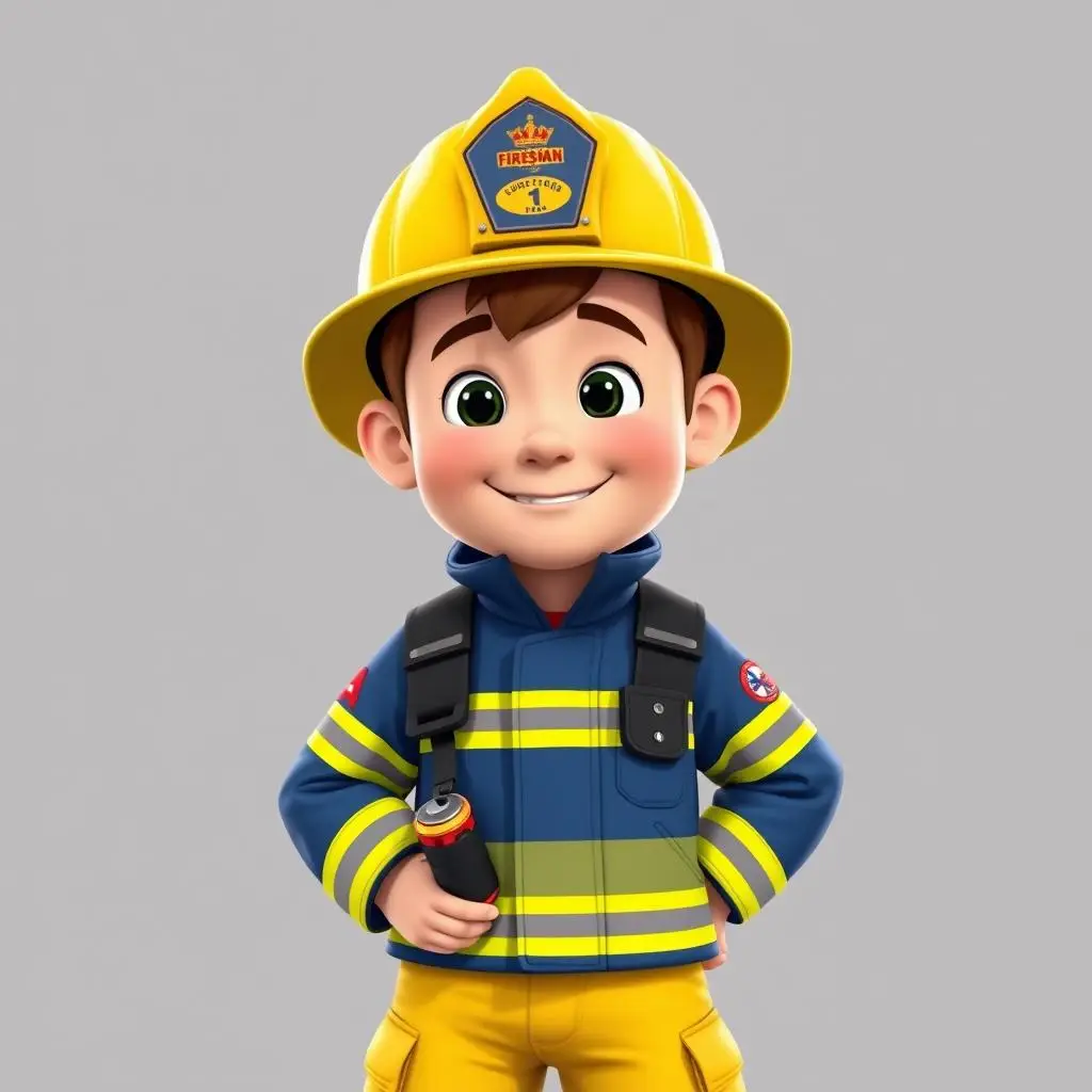 Strażak Sam w pełnym umundurowaniu strażackim z hełmem i latarką