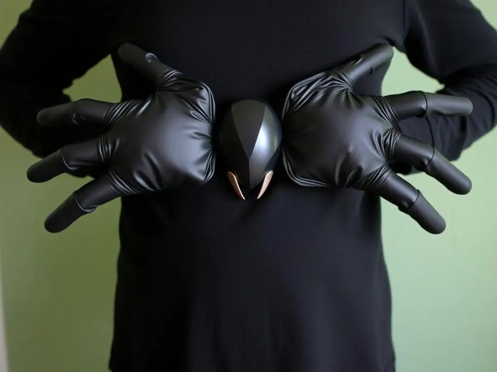 Strój pająka wykonany z wykorzystaniem czarnych rękawiczek