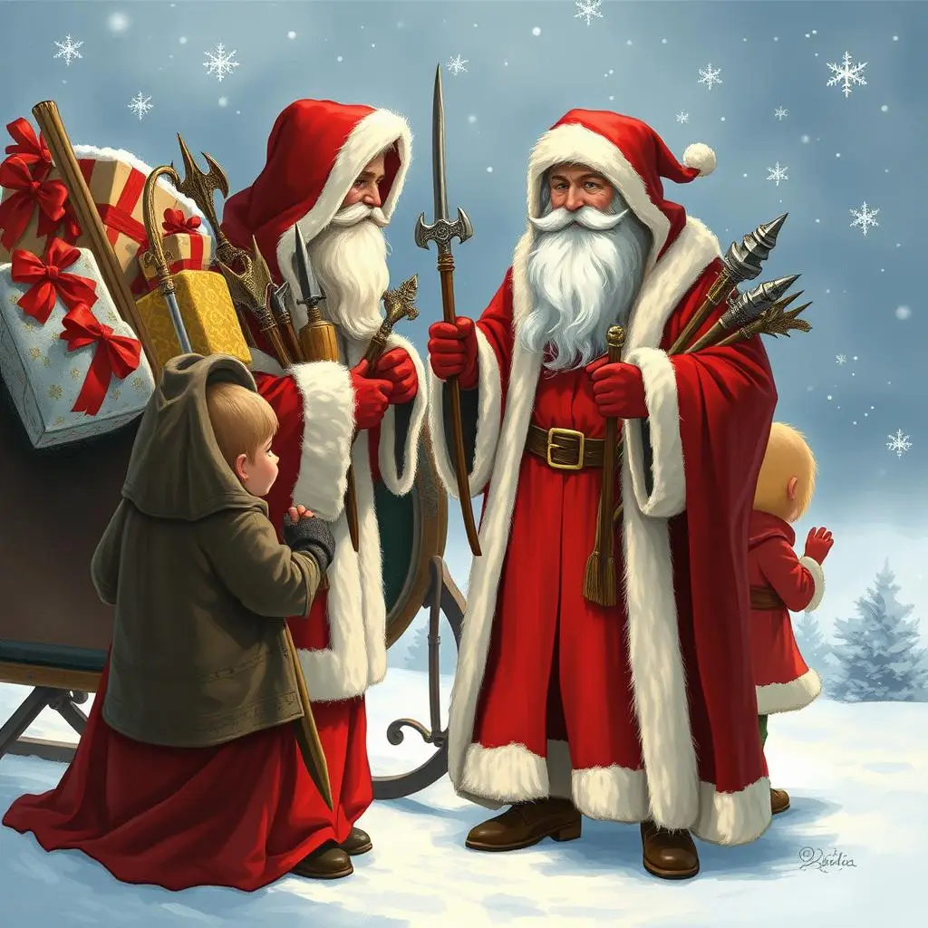 Święty Mikołaj wręczający prezenty dzieciom w opowieściach z narnii