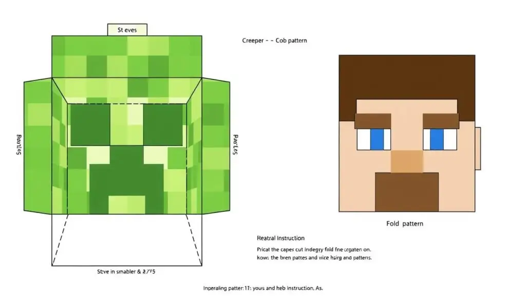 Szablon do wydruku - siatka głowy Creepera i Steve'a z kartonu
