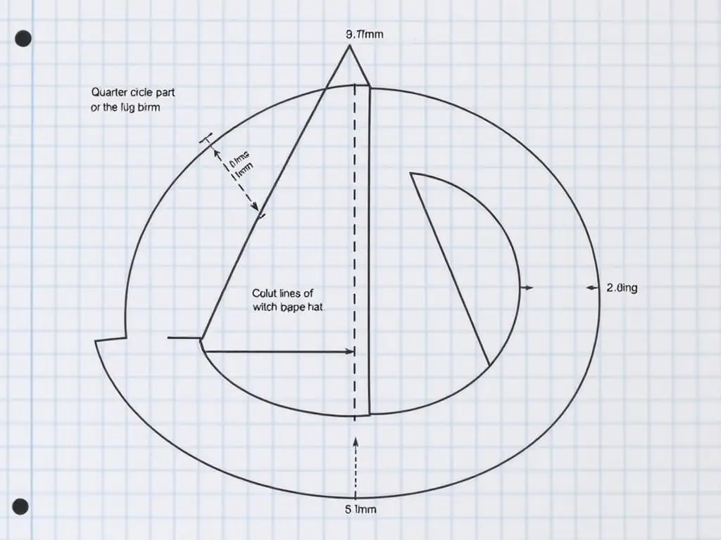 Szablon kapelusza czarownicy z zaznaczonymi wymiarami i liniami cięcia
