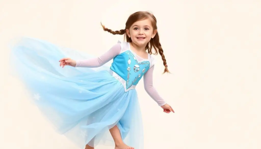 Szczęśliwa dziewczynka w samodzielnie wykonanym stroju Elsy z Krainy Lodu