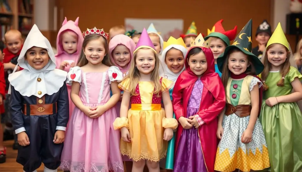 Szczęśliwe dzieci w samodzielnie wykonanych strojach postaci z bajek