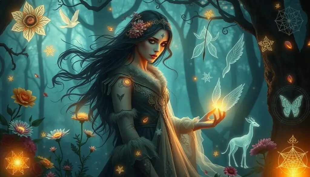 Tajemnicza postać w magicznym lesie, symbolizująca rzadkie baśniowe imiona żeńskie