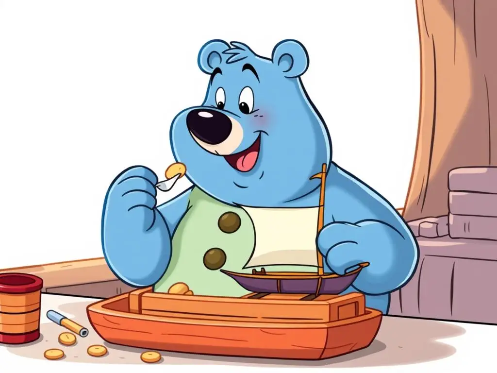 Tami Gumiś zajadający się smakołykami i pracujący nad modelem łódki