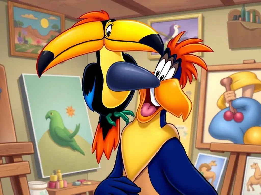 Tobi, kolorowy tukan, siedzący na ramieniu Gusto Gumisia