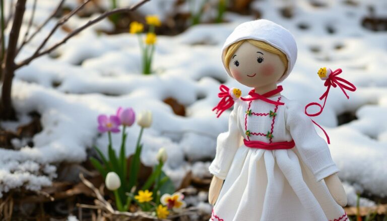 Tradycyjna marzanna ze słomy ubrana w białe płótno z kolorowymi ozdobami