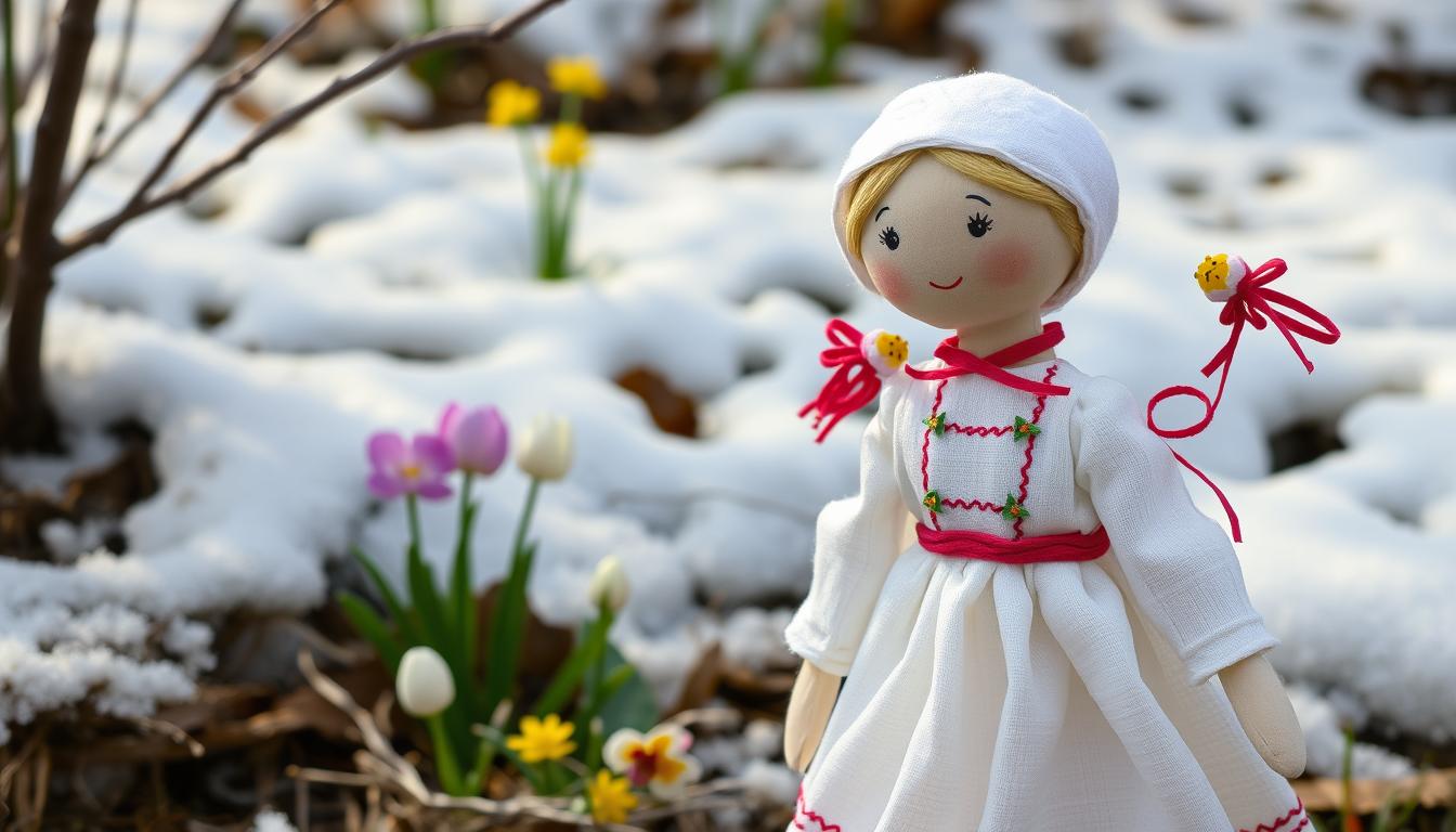 Tradycyjna marzanna ze słomy ubrana w białe płótno z kolorowymi ozdobami