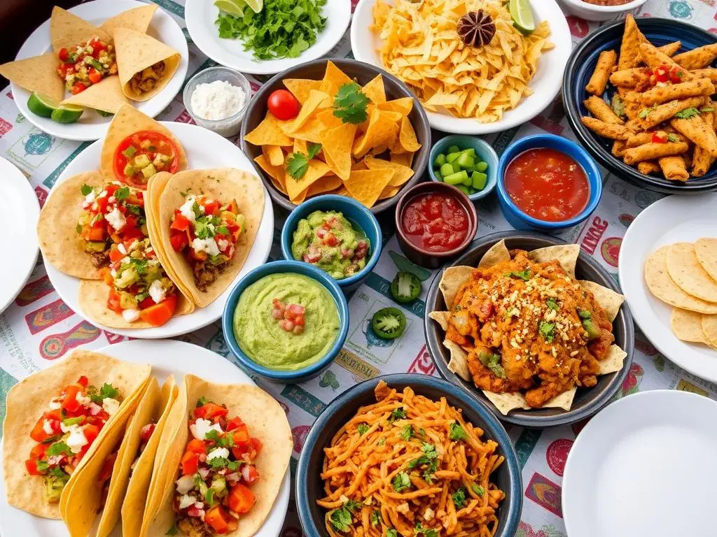 Tradycyjne meksykańskie potrawy na stole - tacos, nachos, guacamole Tradycyjne meksykańskie potrawy na stole - tacos, nachos, guacamole