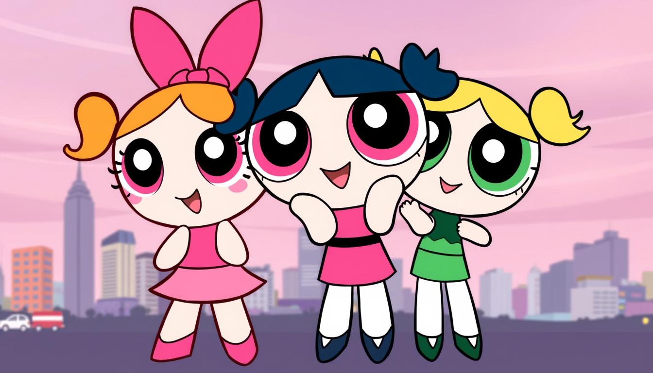 Trzy Atomówki - Bójka, Bajka i Brawurka stojące razem, każda w swoim charakterystycznym kolorze: różowym, niebieskim i zielonym