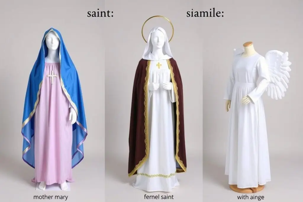 Trzy różne warianty stroju świętej: Matka Boska, święta z aureolą i anioł