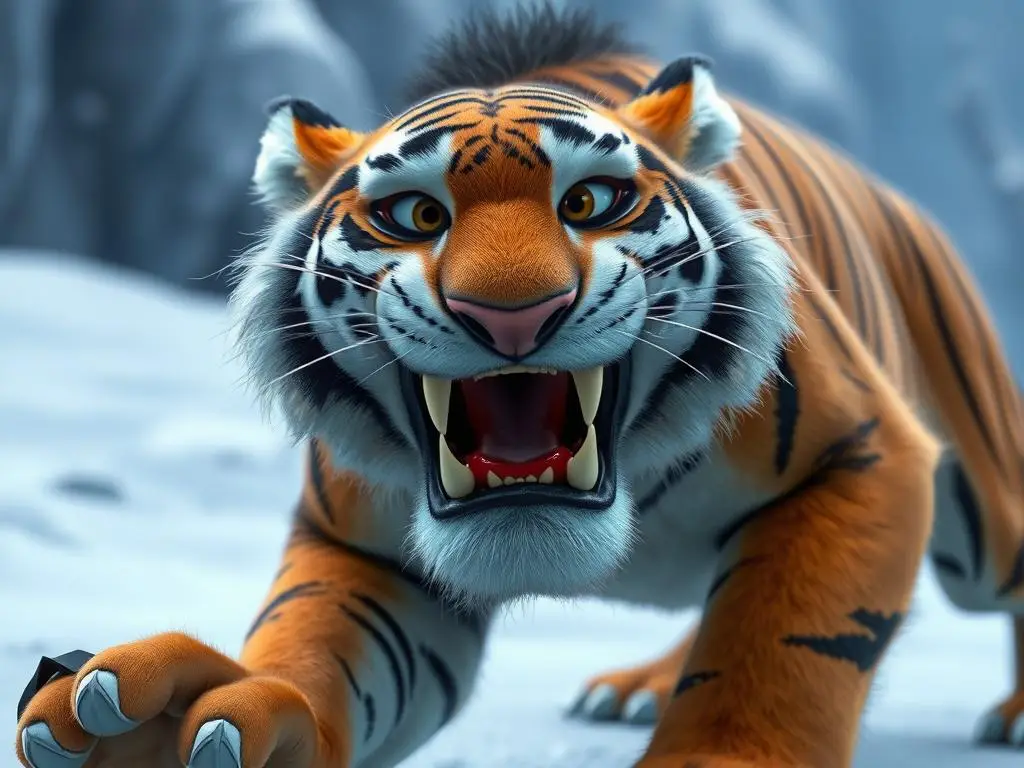 Tygrys szablozębny Diego z Epoki Lodowcowej w pozycji gotowej do skoku