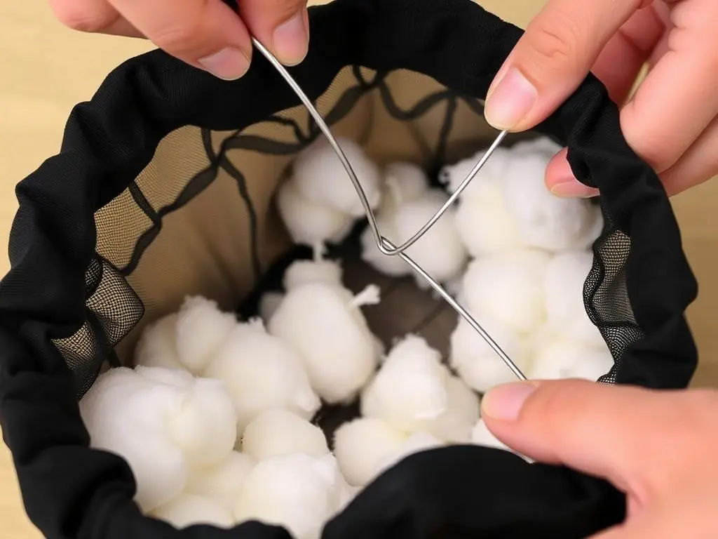 Wkładanie giętkiego drutu do wnętrza wypełnionej rajstopy