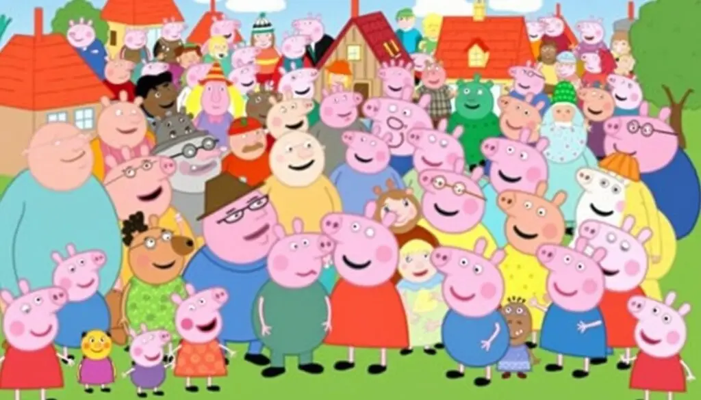 Wszystkie postacie z Świnki Peppy razem - grupowe zdjęcie