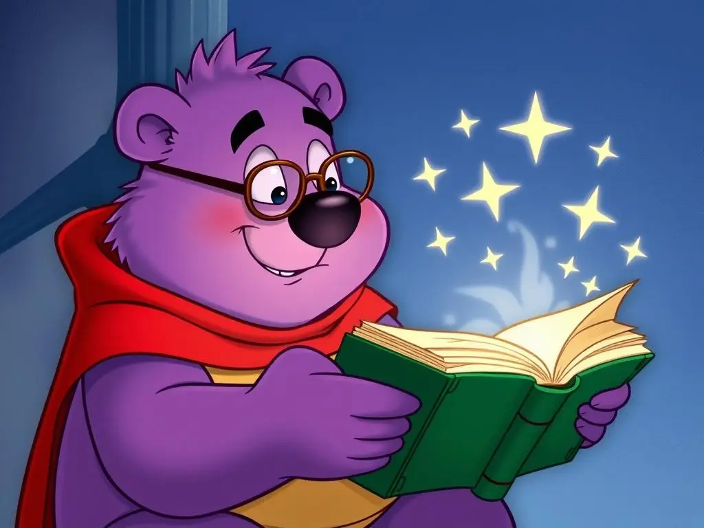 Zami Gumiś studiujący Wielką Księgę Gumisiów i próbujący rzucić zaklęcie