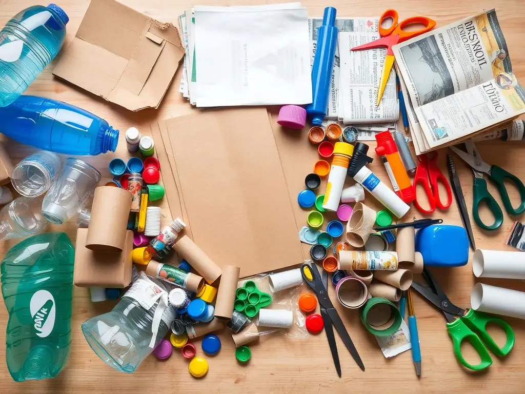 Zestaw materiałów do tworzenia strojów z recyklingu rozłożony na stole jak zrobić strój z recyklingu