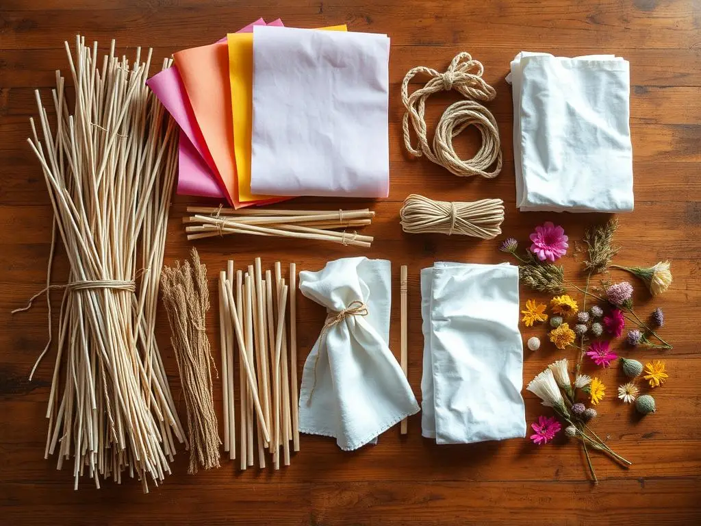 Zestaw materiałów do zrobienia marzanny: słoma, bibuła, sznurek i patyki