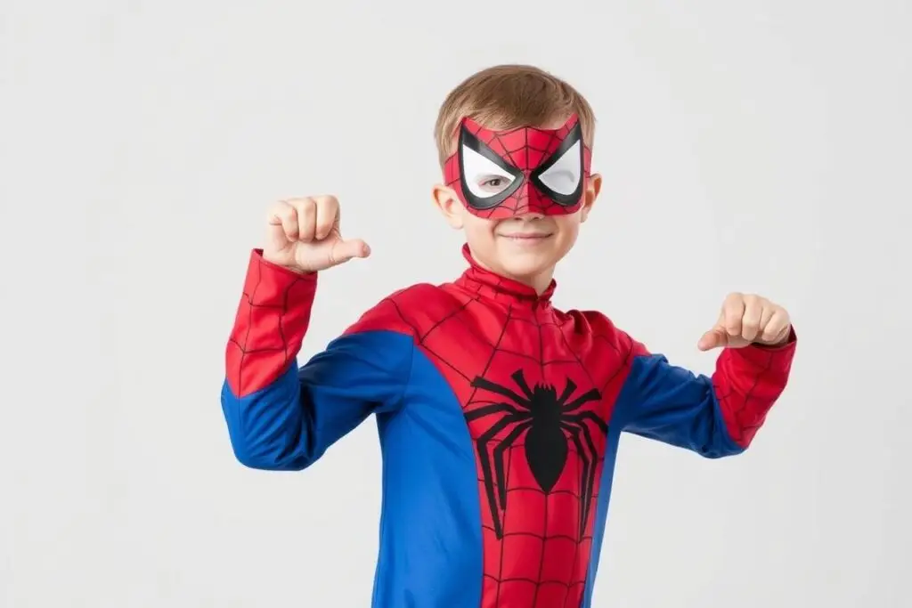 Chłopiec w samodzielnie wykonanym stroju Spidermana w pozie superbohatera