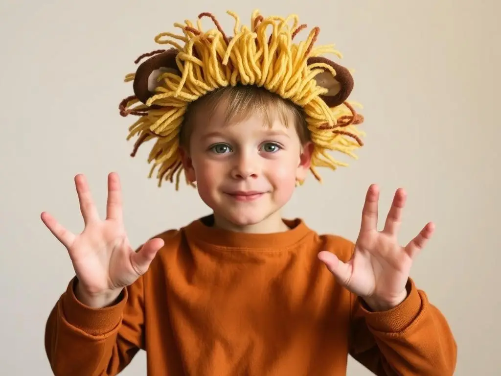 Chłopiec w samodzielnie wykonanym stroju lwa z charakterystyczną grzywą