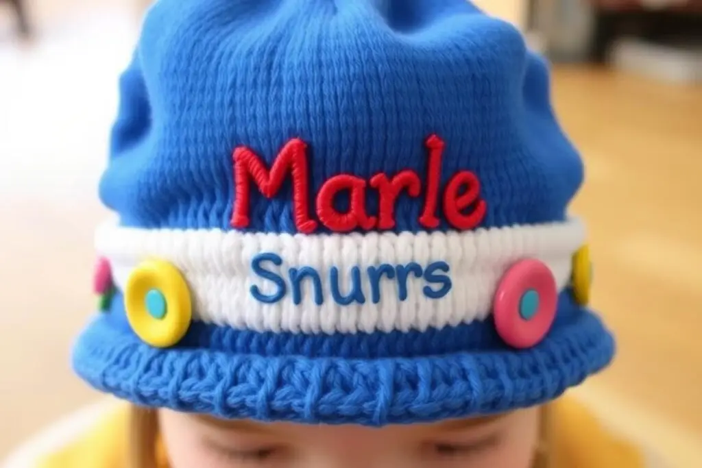 Czapka smerfa z personalizacją dla dziecka - z imieniem i dekoracjami