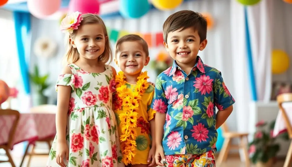 Dzieci w hawajskich strojach - dziewczynka w sukience z kwiatami i chłopiec w kolorowej koszuli