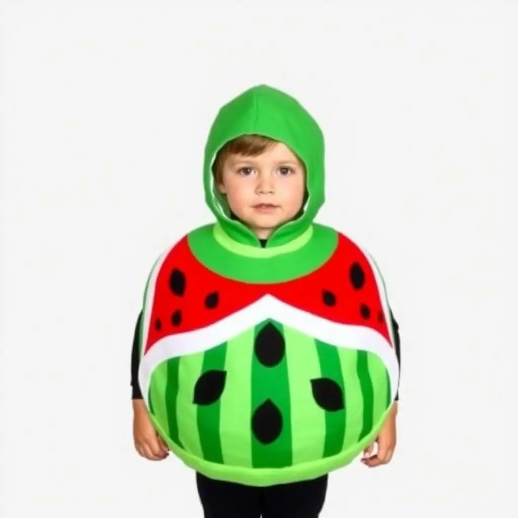 Dziecko w kostiumie arbuza z charakterystycznymi czarnymi pestkami