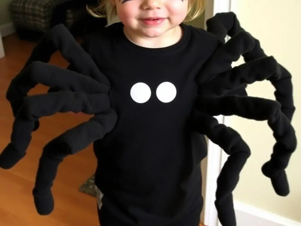 Dziecko w kostiumie pająka wykonanym z czarnych ubrań i rajstop