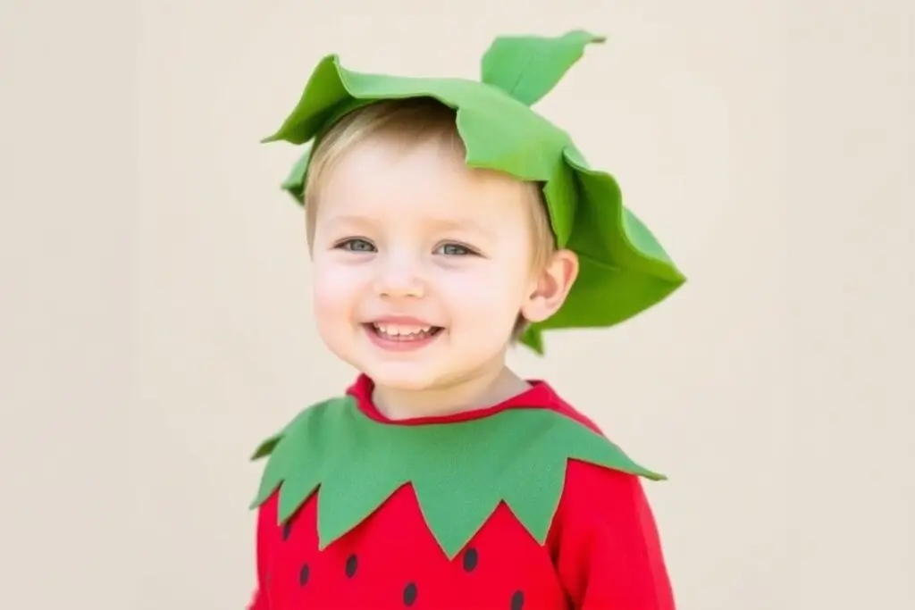 Dziecko w kostiumie truskawki wykonanym z czerwonego materiału z zielonymi liśćmi na głowie