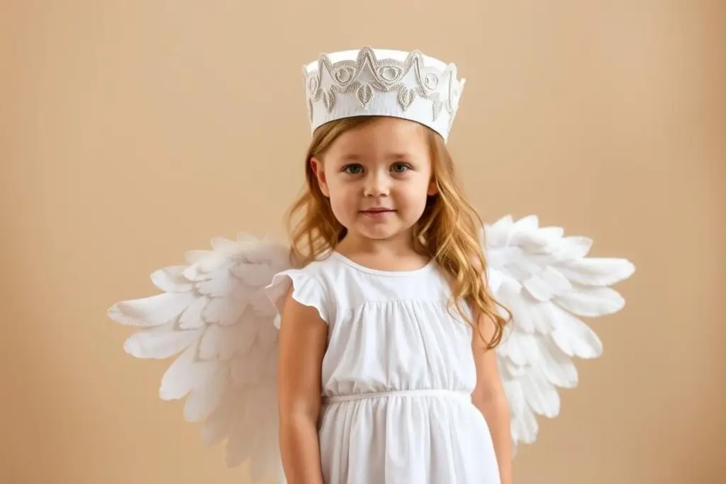 Dziecko w pełnym stroju aniołka z aureolą na głowie Dziecko w pełnym stroju aniołka z aureolą na głowie