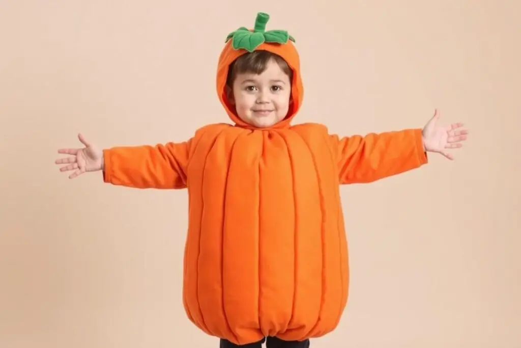 Dziecko w pomarańczowym kostiumie dyni z zielonym kapeluszem