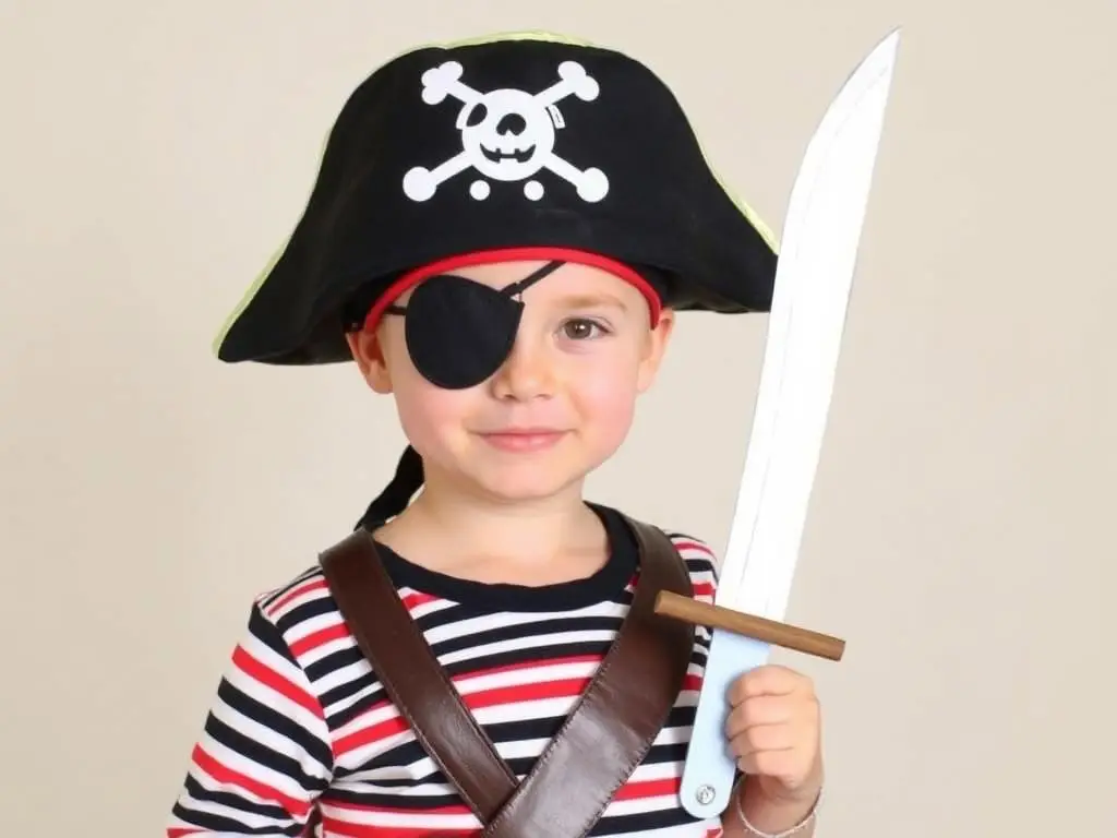 Dziecko w samodzielnie wykonanym stroju pirata z charakterystycznym kapeluszem