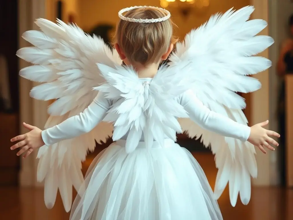 Dziecko w stroju anioła z przymocowanymi skrzydłami