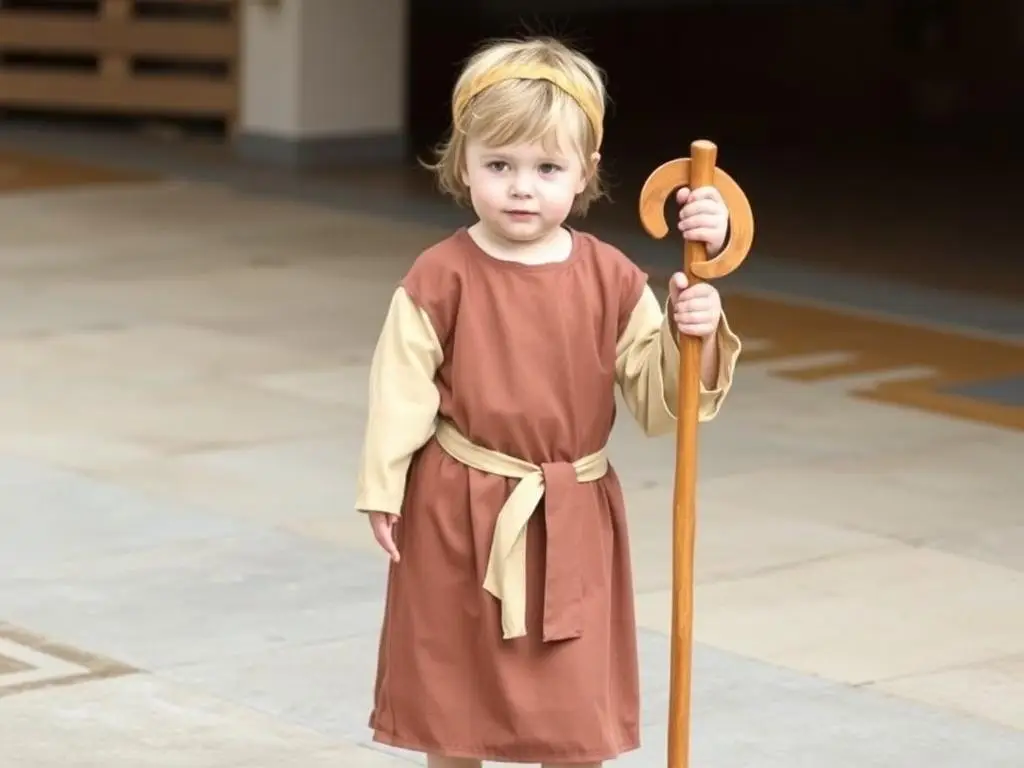 Dziecko w stroju pasterza dopasowanym do jego wzrostu