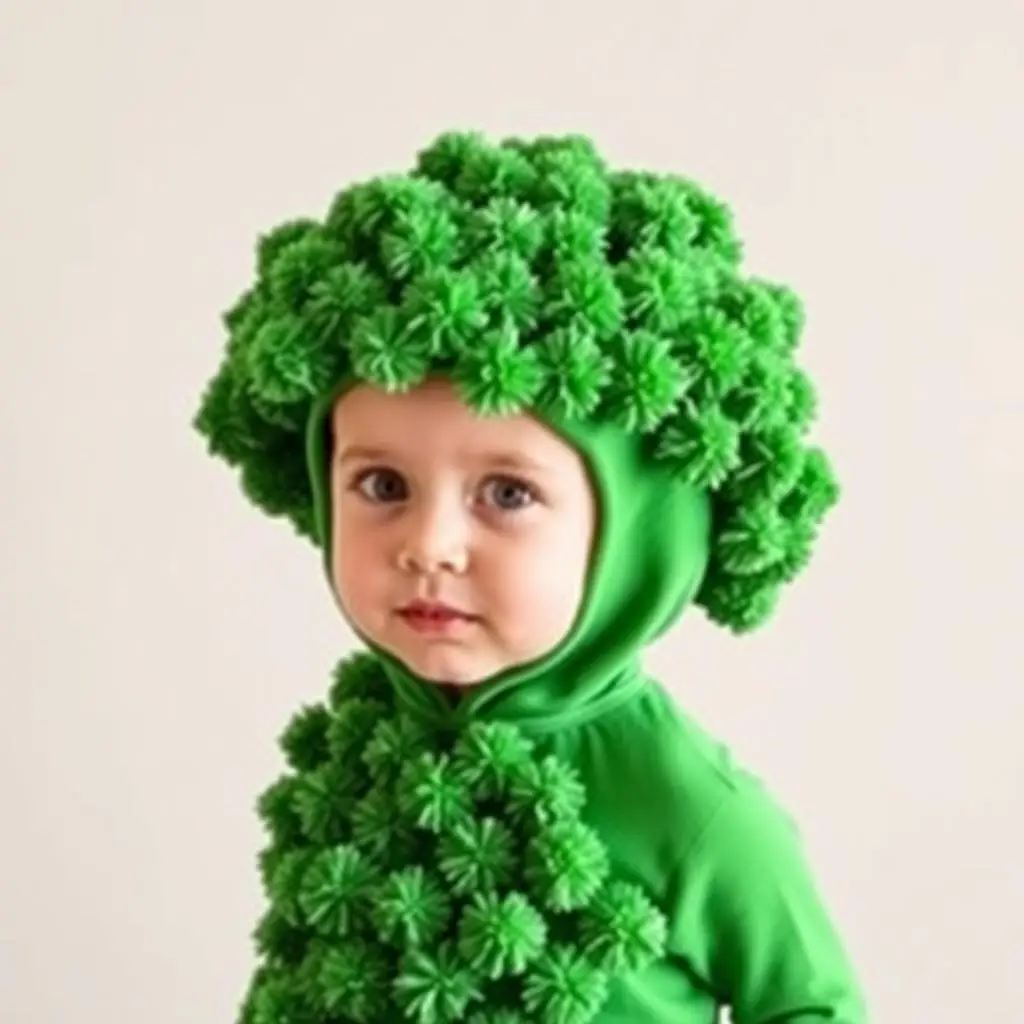 Dziecko w zielonym kostiumie brokuła z charakterystyczną strukturą różyczek