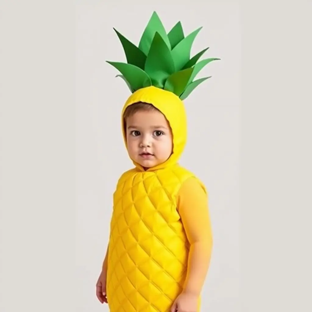 Dziecko w żółtym kostiumie ananasa z zieloną koroną na głowie