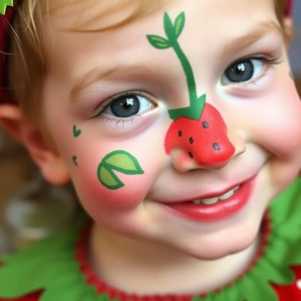 Dziecko z prostym makijażem tematycznym pasującym do kostiumu owocowego
