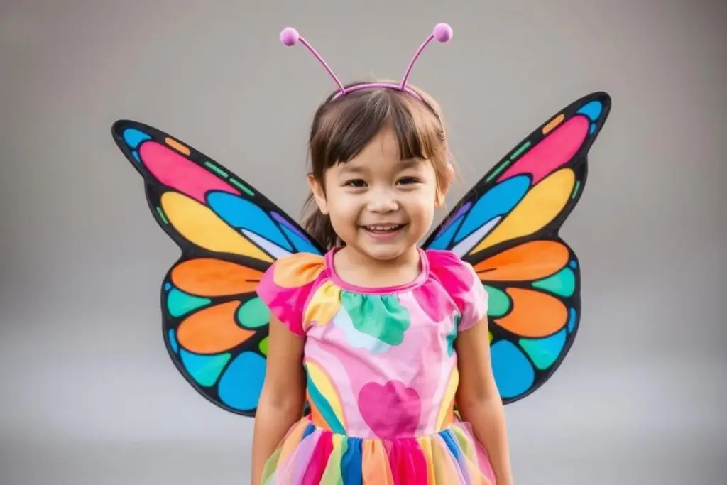 Dziewczynka w kolorowym stroju motyla z rozłożonymi skrzydłami