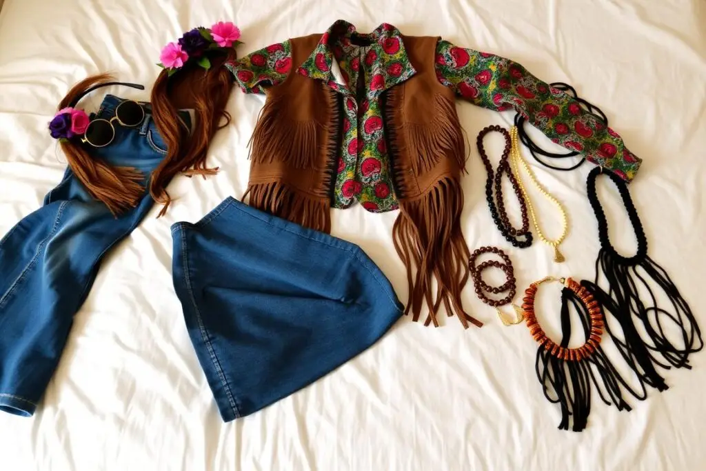 Elementy stroju hipisa rozłożone na łóżku