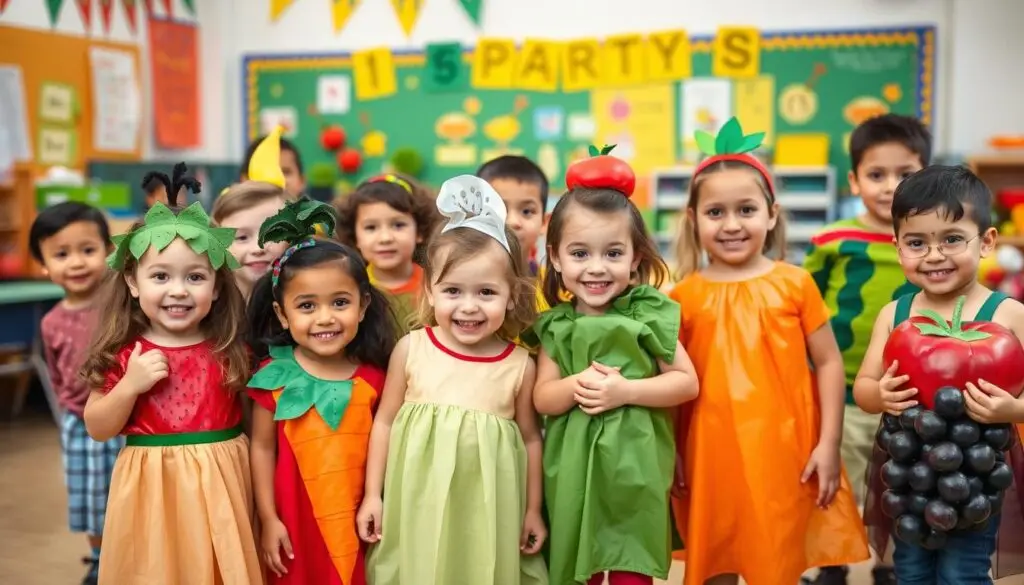Grupa dzieci w różnych kostiumach owocowych i warzywnych podczas balu