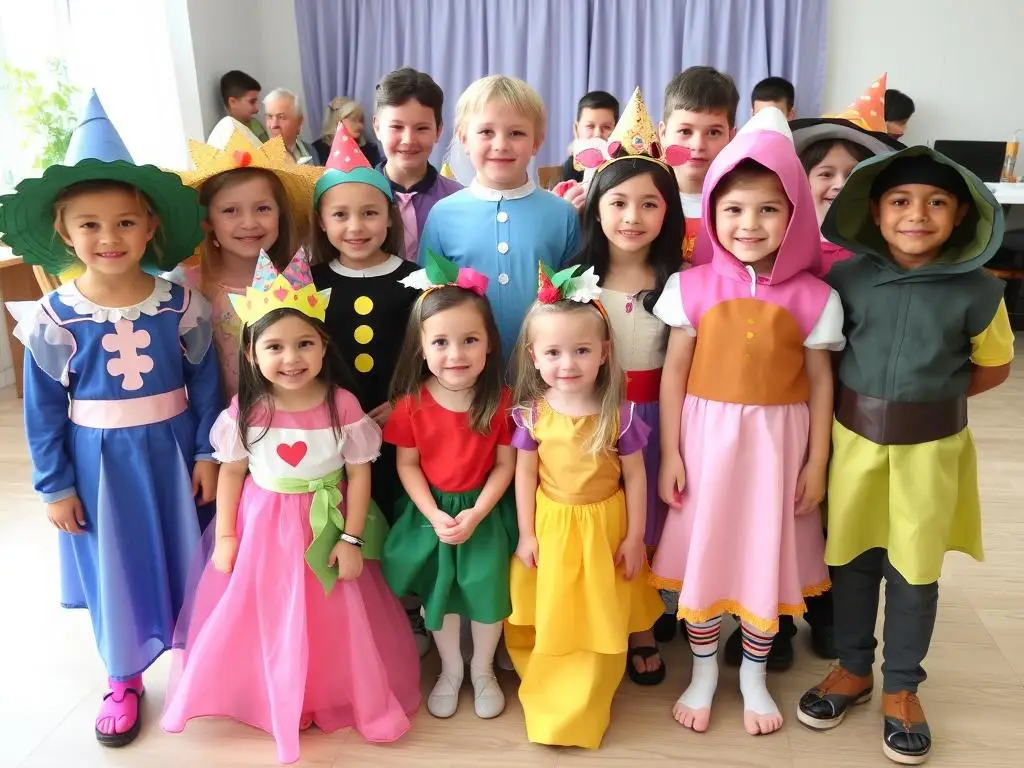 Grupa dzieci w różnych samodzielnie wykonanych strojach postaci z bajek