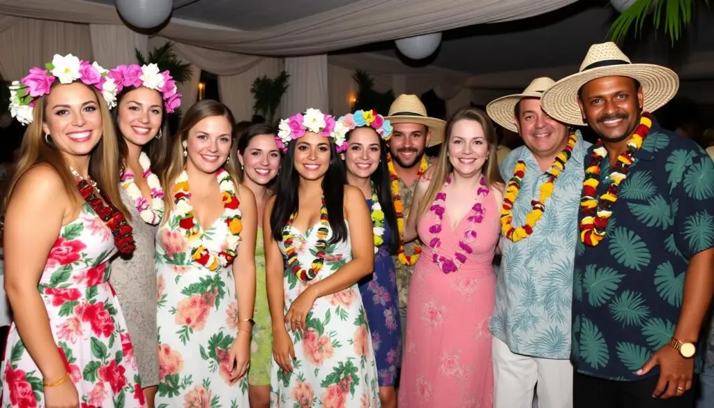 Grupa osób w różnych hawajskich stylizacjach na imprezie tematycznej