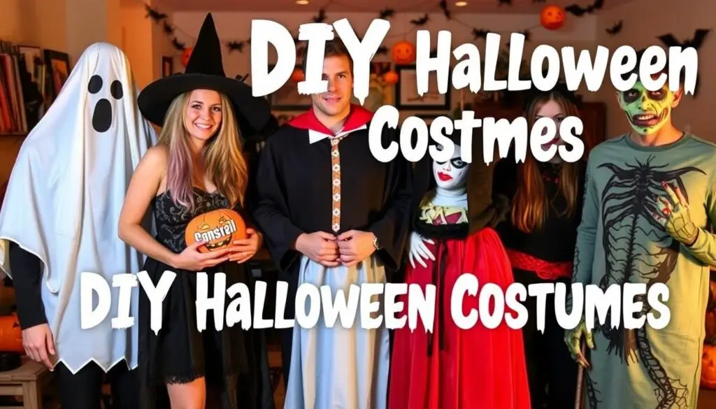 Grupa osób w różnych strojach na Halloween wykonanych metodą DIY