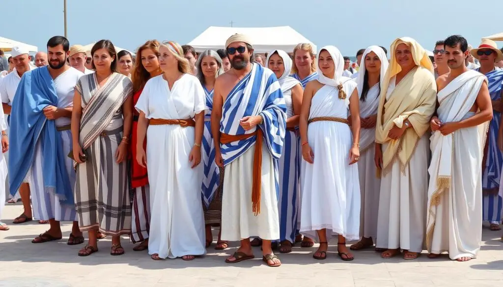 Grupa osób w różnych wariantach strojów greckich z prześcieradła Grupa osób w różnych wariantach strojów greckich z prześcieradła