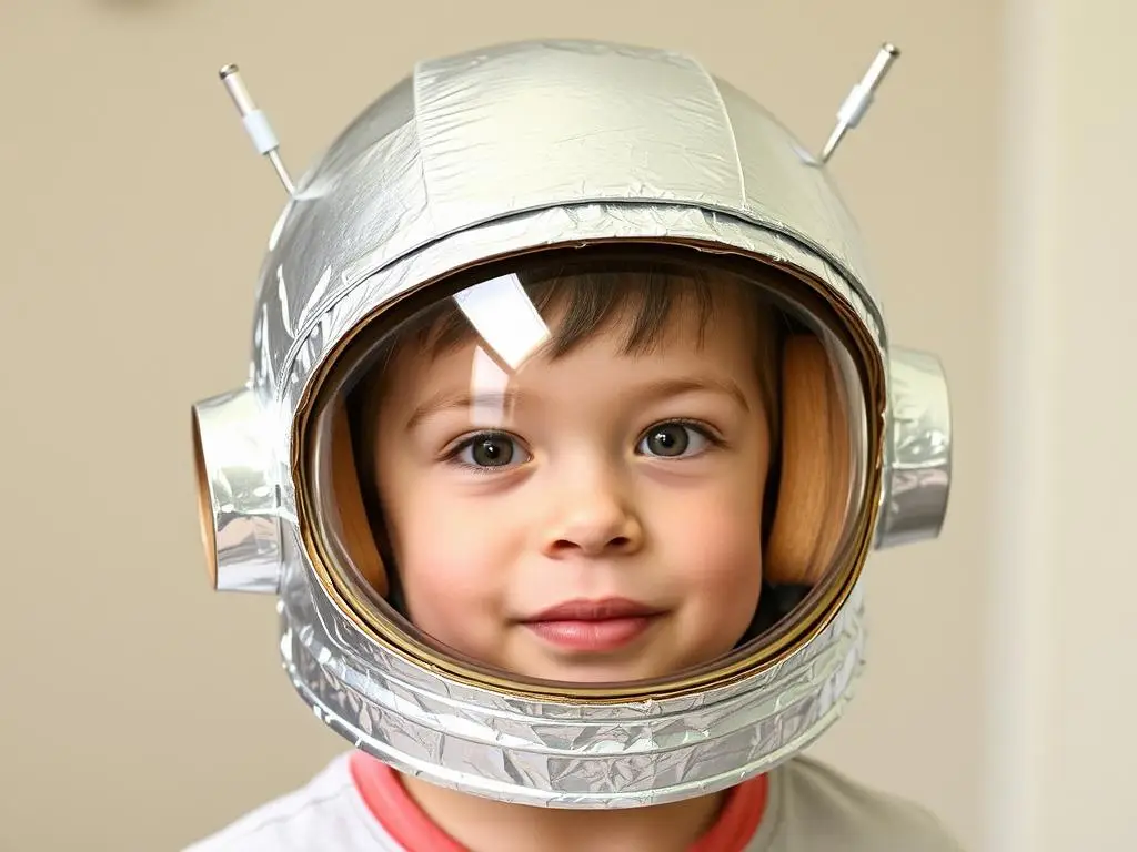 Hełm kosmonauty wykonany z kartonu i folii aluminiowej z przezroczystym wizjerem