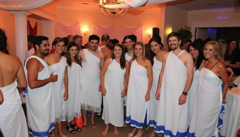Impreza w stylu greckim z osobami w strojach z prześcieradła Impreza w stylu greckim z osobami w strojach z prześcieradła