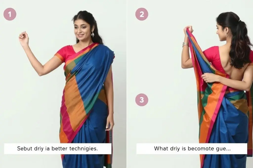 Kobieta prezentująca jak zrobić strój hinduski poprzez drapowanie sari krok po kroku