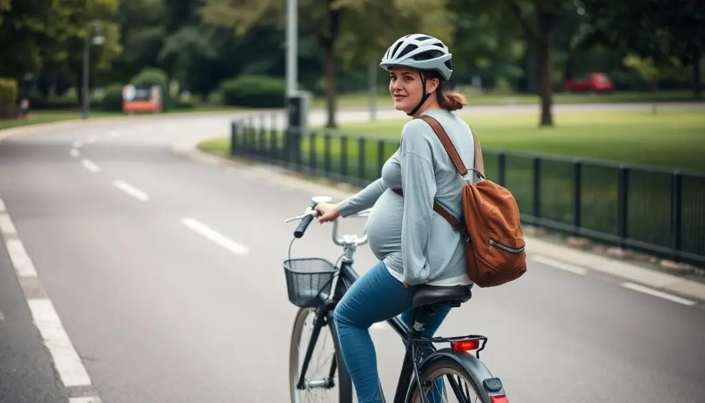 Kobieta w ciąży bezpiecznie jeżdżąca na rowerze miejskim